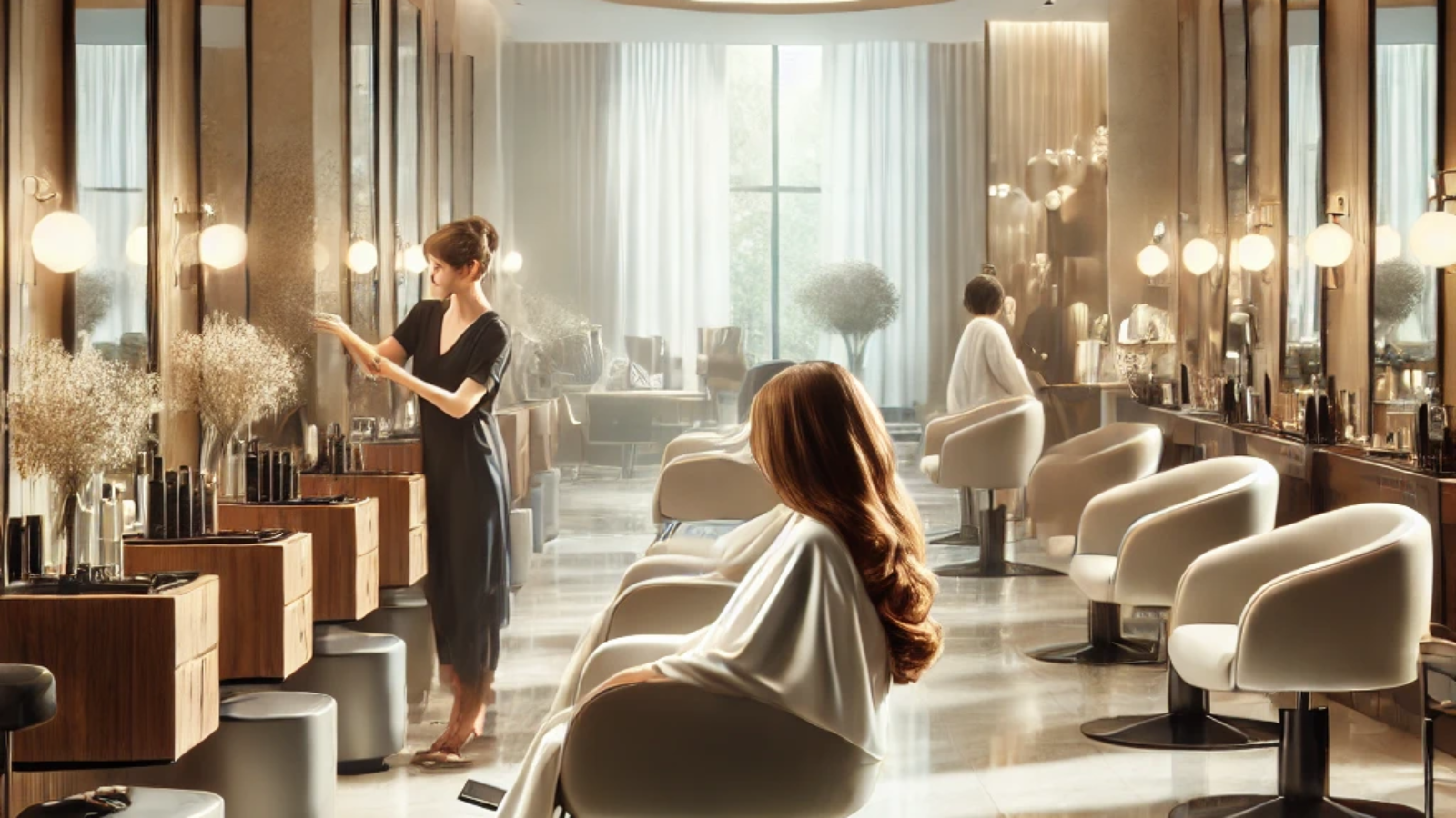 DALL·E 2025-02-10 08.53.11 - A luxurious hair salon and day spa with a relaxing ambiance. The image showcases a modern interior with elegant styling chairs, large mirrors, and sof