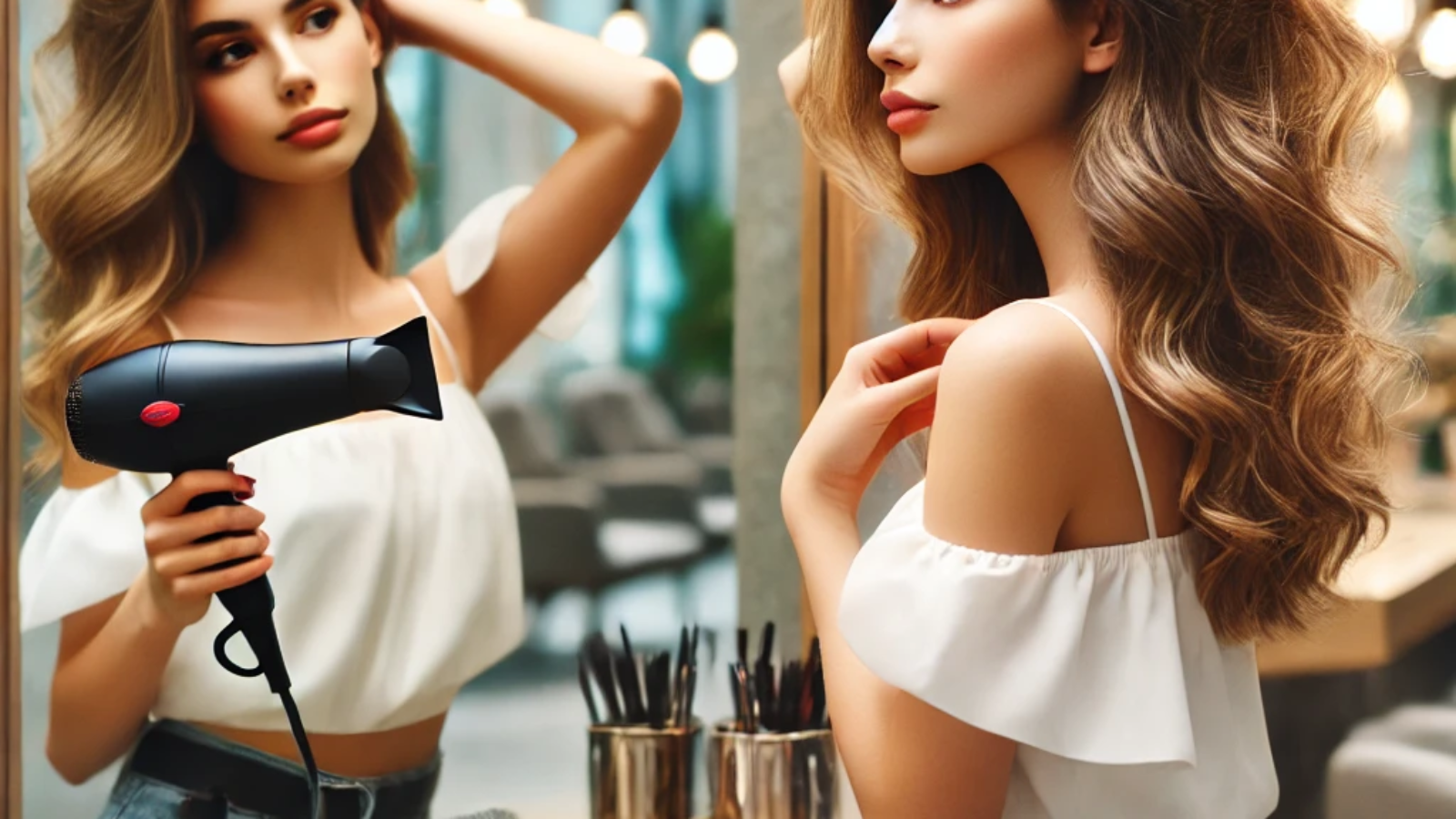 DALL·E 2025-02-10 08.58.37 - A young woman styling her hair in front of a large salon mirror. She is using a brush and a hairdryer, carefully adjusting her hair while looking at h